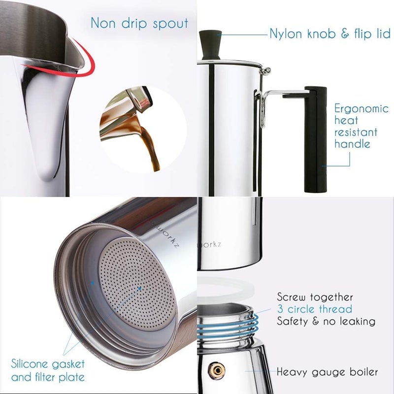 Easyworkz Pedro Stovetop Espresso Maker 4Cup 200ml Stainless Steel Italian Coffee Machine Maker Moka Pot Induction Espresso Pot - Image 4